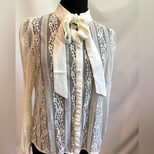 Lace blouse with silkie neck tie boho romantic large LG